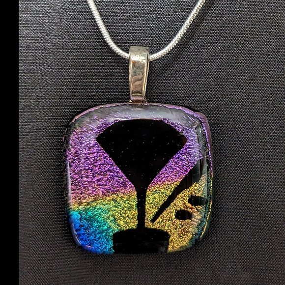 Flirty & Fun Signed MARTINI Etch Rainbow Dichroic Glass Pendant w/Sterling Chain - Picture 2 of 6